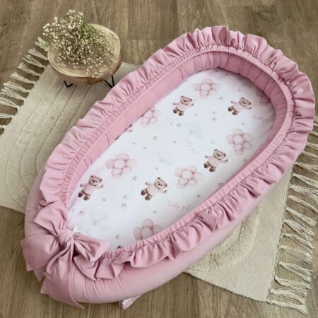 Kokon niemowlęcy z kolekcji MIŚ TEDDY balony różowe + VELVET róż