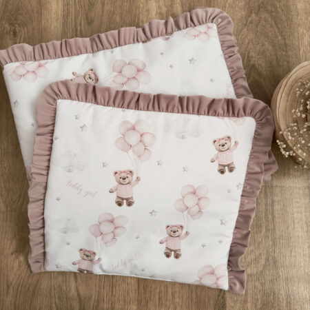 Kołderka + poduszka z wypełnieniem. Kolekcja MIŚ TEDDY balony róż+ VELVET brudny róż