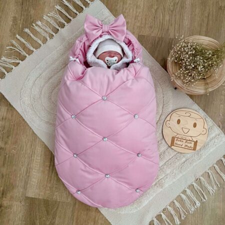 Śpiworek do gondoli pikowany VELVET róż + diamenciki + kokarda