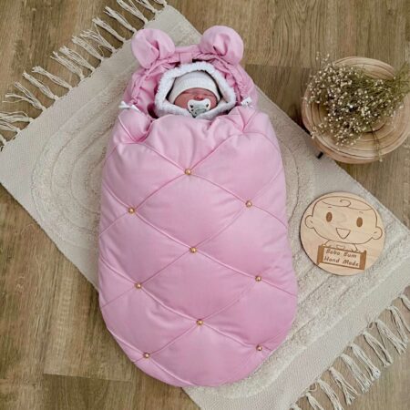 Śpiworek do gondoli pikowany VELVET róż + złote guziki + uszka