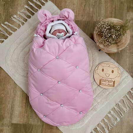 Śpiworek do gondoli pikowany VELVET róż + diamenciki + uszka