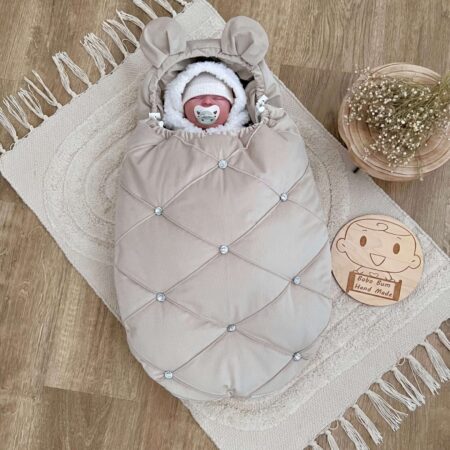 Śpiworek do gondoli pikowany VELVET beż + diamenciki + uszka