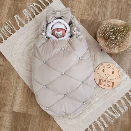 Śpiworek do gondoli pikowany VELVET beż + diamenciki + kokarda