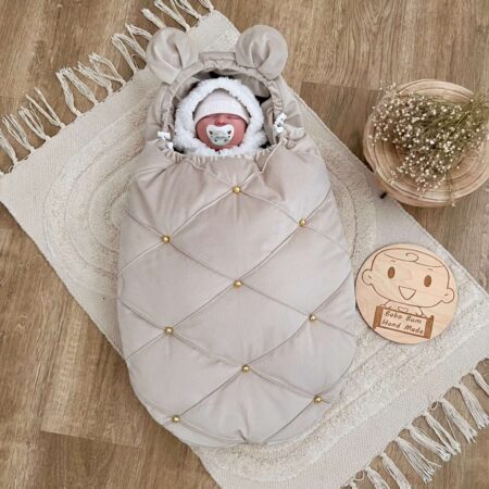Śpiworek do gondoli pikowany VELVET beż + złote guziki + uszka
