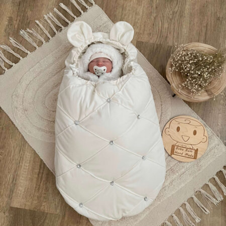 Śpiworek do gondoli pikowany VELVET krem + diamenciki + uszka