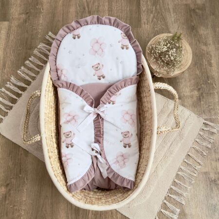 Becik niemowlęcy z kolekcji MIŚ TEDDY balony różowe + VELVET brudny róż