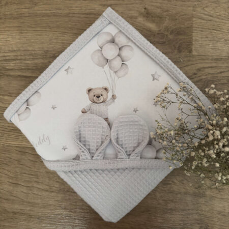 Ręcznik niemowlęcy MIŚ TEDDY balony szare + WAFEL szary