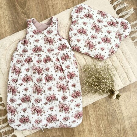 Śpiworek do spania kolekcja OLD ROSES + VELVET brudny róż + poduszka GRATIS