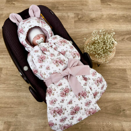 Kołderka do auta. Kolekcja OLD ROSES + VELVET brudny róż