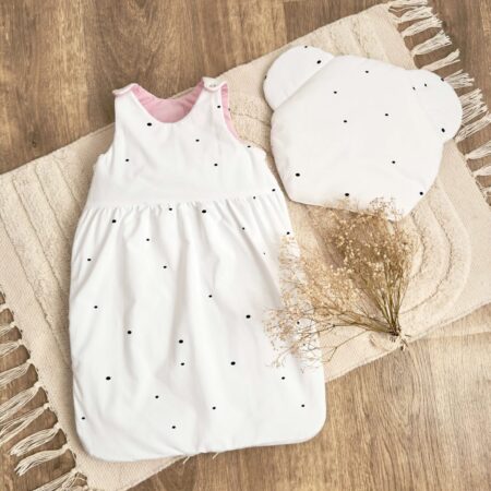 Śpiworek do spania kolekcja NIEREGULARNE KROPKI + VELVET róż + poduszka GRATIS