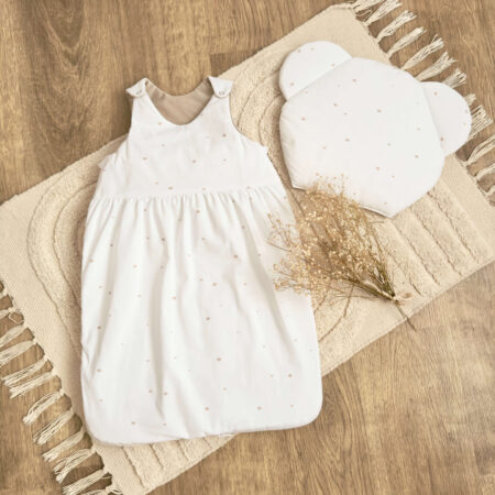 Śpiworek do spania kolekcja NIEREGULARNE KROPKI beż + VELVET beż + poduszka GRATIS