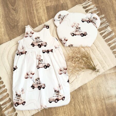 Śpiworek do spania kolekcja KRÓLIKI W AUCIE + VELVET beż + poduszka GRATIS