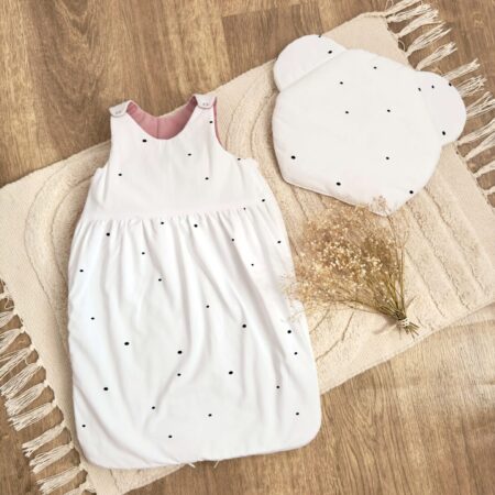 Śpiworek do spania kolekcja NIEREGULARNE KROPKI + VELVET smoky rose + poduszka GRATIS