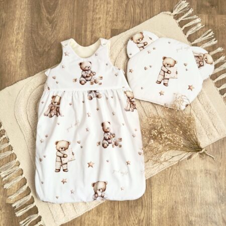 Śpiworek do spania kolekcja ŚPIĄCE MISIE + VELVET krem + poduszka GRATIS