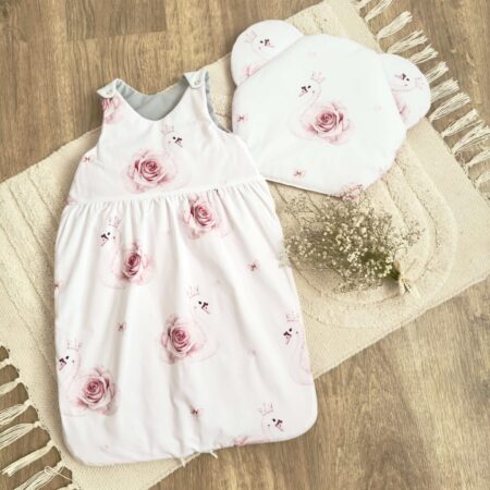 Śpiworek do spania kolekcja ŁĄBĘDZIE Z RÓŻĄ + VELVET szary + poduszka GRATIS