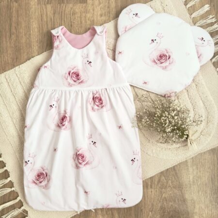 Śpiworek do spania kolekcja ŁABĘDDZIE Z RÓŻĄ + VELVET róż + poduszka GRATIS