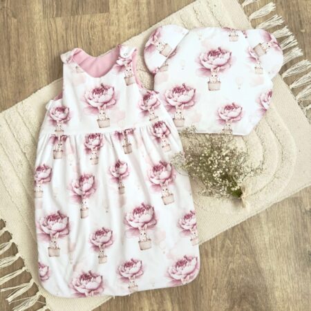 Śpiworek do spania kolekcja KRÓLICZEK W KWIECISTYM BALONIE + VELVET róż + poduszka GRATIS