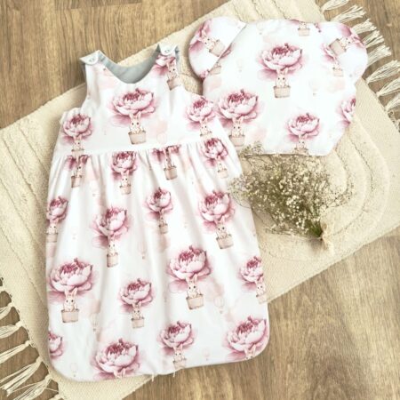 Śpiworek do spania kolekcja KRÓLICZEK W KWIECISTYM BALONIE + VELVET szary + poduszka GRATIS