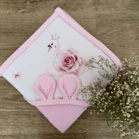 Ręcznik niemowlęcy ŁĄBĘDZIE Z RÓŻĄ + WAFEL róż