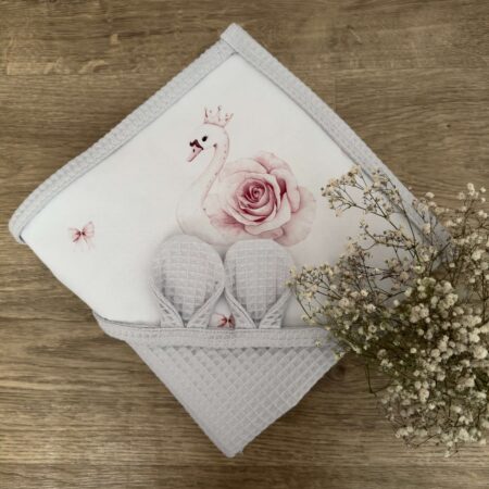 Ręcznik niemowlęcy ŁĄBĘDZIE Z RÓŻĄ + WAFEL szary