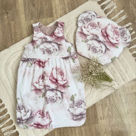 Śpiworek do spania kolekcja PIWONIE + VELVET brudny róż + poduszka GRATIS