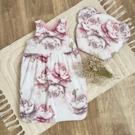 Śpiworek do spania kolekcja PIWONIE + VELVET róż + poduszka GRATIS