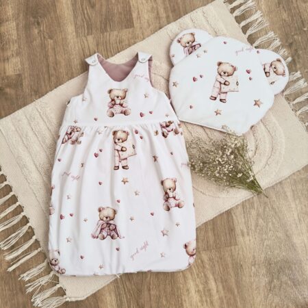 Śpiworek do spania kolekcja ŚPIĄCE MISIE + VELVET brudny róż + poduszka GRATIS - Rozmiar 6-12 miesiąc