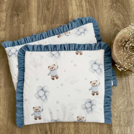 Kołderka + poduszka z wypełnieniem. Kolekcja MIŚ TEDDY balony niebieskie + VELVET jeans