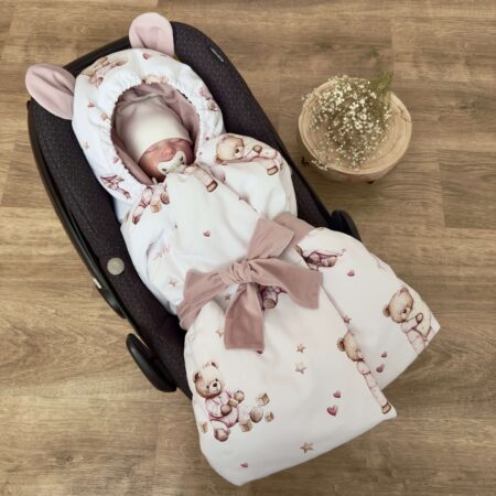 Kołderka do auta. ŚPIĄCE MISIE + VELVET brudny róż