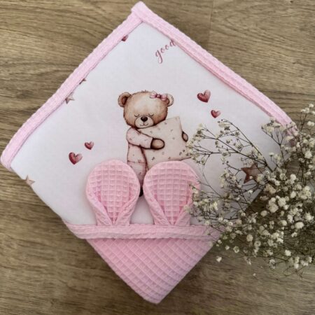 Ręcznik niemowlęcy ŚPIĄCE MISIE + WAFEL róż