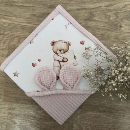 Ręcznik niemowlęcy ŚPIĄCE MISIE + WAFEL pudrowy brudny róż