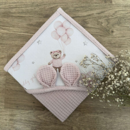 Ręcznik niemowlęcy MIŚ TEDDY balony różowe + WAFEL pudrowy brudny róż