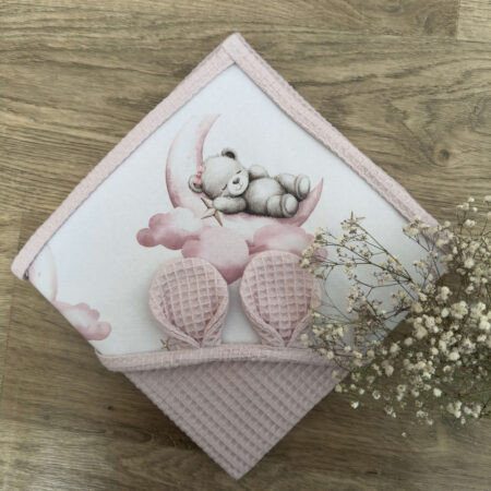 Ręcznik niemowlęcy MIŚ NA KSIĘŻYCU + WAFEL pudrowy brudny róż