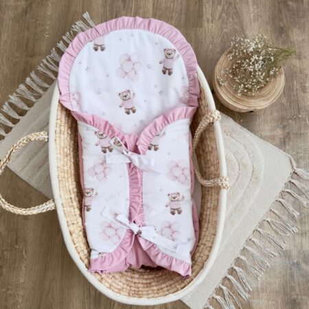 Becik niemowlęcy z kolekcji MIŚ TEDDY balony różowe + VELVET róż