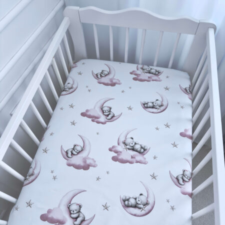 Prześcieradło bawełna MIŚ NA KSIĘŻYCU różowy