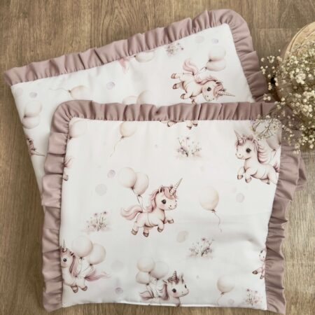 Kołderka + poduszka z wypełnieniem. Kolekcja JEDNOROŻEC Z BALONEM + VELVET brudny róż