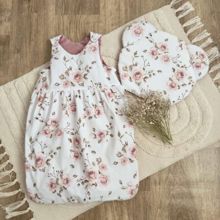 Śpiworek do spania kolekcja RÓŻE + VELVET smoky rose + poduszka GRATIS