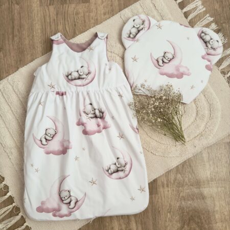 Śpiworek do spania kolekcja MIŚNA KSIĘŻYCU + VELVET brudny róż + poduszka GRATIS