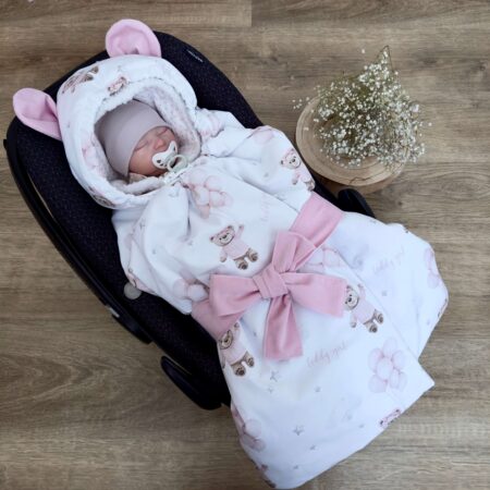 Kołderka do auta. Kolekcja MIŚ TEDDY balony różowe + VELVET róż