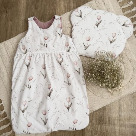 Śpiworek do spania kolekcja TULIPANY + VELVET smoky rose + poduszka GRATIS