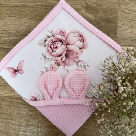 Ręcznik niemowlęcy PIWONIE Z MOTYLKIEM + WAFEL róż