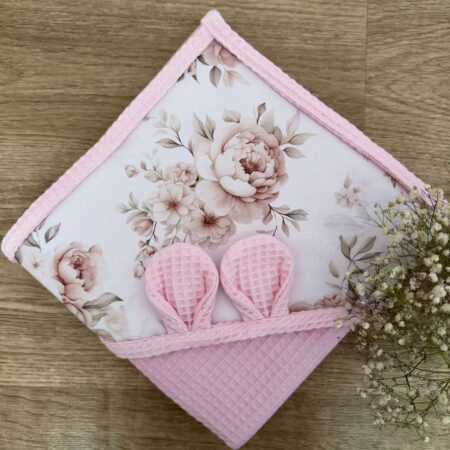 Ręcznik niemowlęcy PIWONIE Z LISTKIEM + WAFEL róż