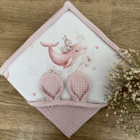 Ręcznik niemowlęcy SŁODKI WIELORYB + WAFEL pudrowy brudny róż