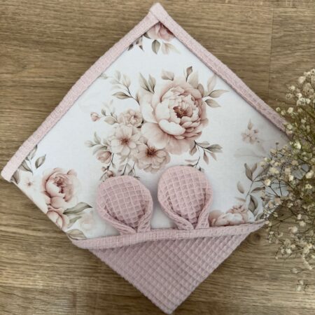 Ręcznik niemowlęcy PIWONIE Z LISTKIEM + WAFEL brudny pudrowy róż