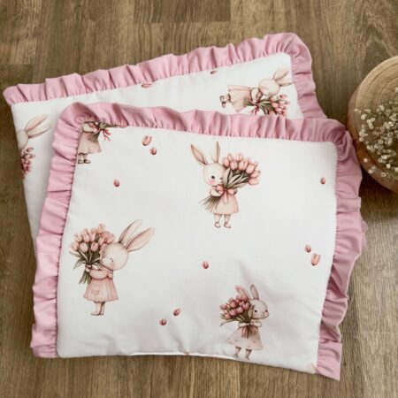 Kołderka + poduszka z wypełnieniem. Kolekcja KRÓLICZEK Z TULIPANEM + VELVET róż