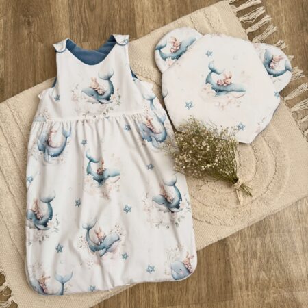 Śpiworek do spania kolekcja SŁODKI WIELORYB + VELVET jeans + poduszka GRATIS