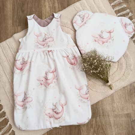 Śpiworek do spania kolekcja SŁODKI WIELORYB + VELVET brudny róż + poduszka GRATIS