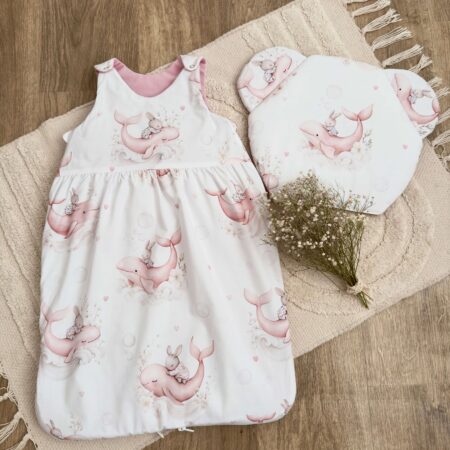 Śpiworek do spania kolekcja SŁODKI WIELORYB + VELVET róż + poduszka GRATIS