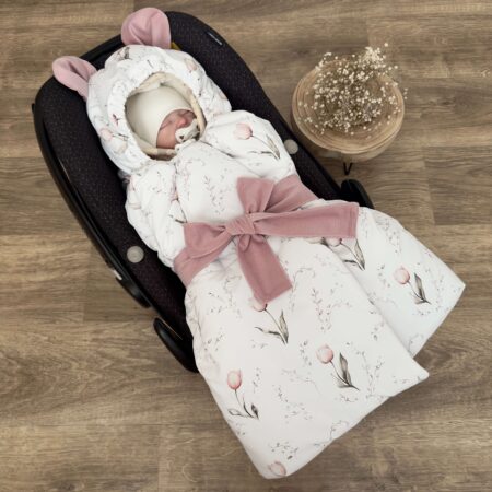 Kołderka do auta. Kolekcja TULIPANY + VELVET smoky rose