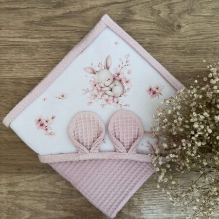 Ręcznik niemowlęcy DRZEMKA KRÓLICZKA + WAFEL brudny pudrowy róż